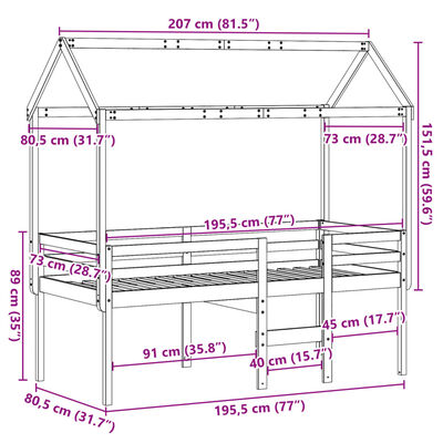 vidaXL Hochbett mit Dach Wachsbraun 75x190 cm Massivholz Kiefer