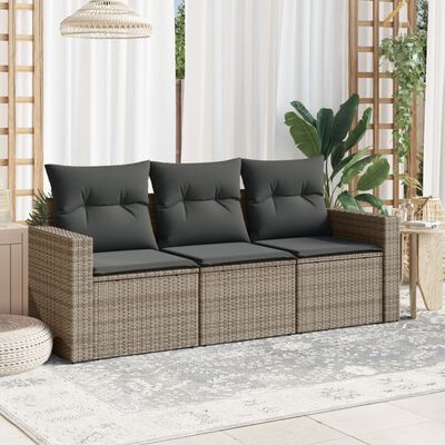 vidaXL 3-tlg. Garten-Sofagarnitur mit Kissen Grau Poly Rattan