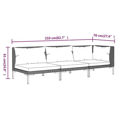 vidaXL 3-tlg. Garten-Lounge-Set Dunkelgrau Halbrundes Poly Rattan