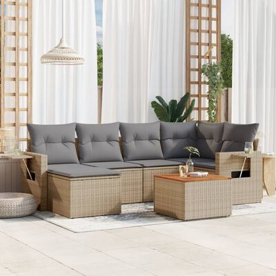 vidaXL 7-tlg. Garten-Sofagarnitur mit Kissen Beige Poly Rattan