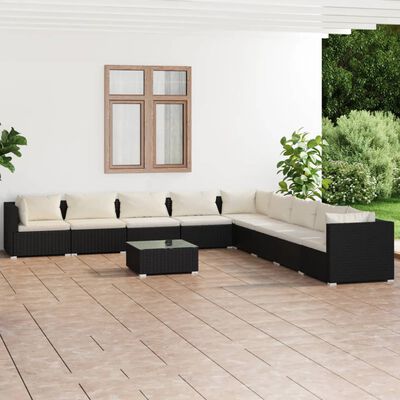 vidaXL 10-tlg. Garten-Lounge-Set mit Kissen Poly Rattan Schwarz