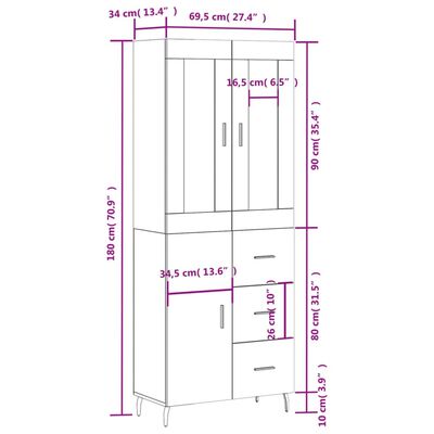 vidaXL Highboard Schwarz 69,5x34x180 cm Holzwerkstoff