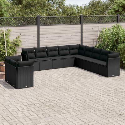 vidaXL 11-tlg. Garten-Sofagarnitur mit Kissen Schwarz Poly Rattan