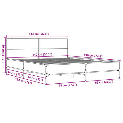 vidaXL Bettgestell Räuchereiche 140x190 cm Holzwerkstoff und Metall