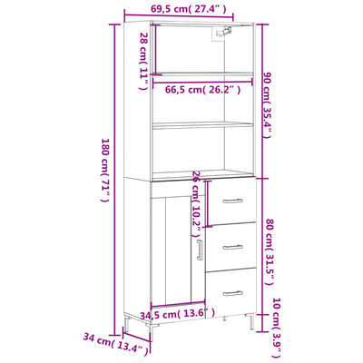 vidaXL Highboard Weiß 69,5x34x180 cm Holzwerkstoff