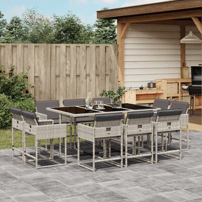 vidaXL 11-tlg. Garten-Essgruppe mit Kissen Hellgrau Poly Rattan