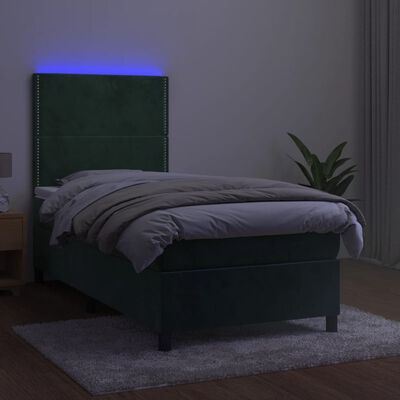 vidaXL Boxspringbett mit Matratze & LED Dunkelgrün 90x190 cm Samt