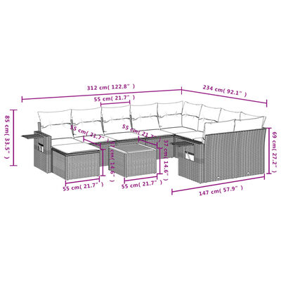 vidaXL 11-tlg. Garten-Sofagarnitur mit Kissen Schwarz Poly Rattan