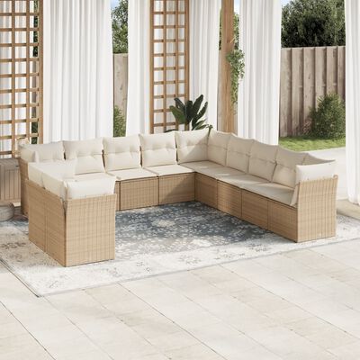 vidaXL 11-tlg. Garten-Sofagarnitur mit Kissen Beige Poly Rattan