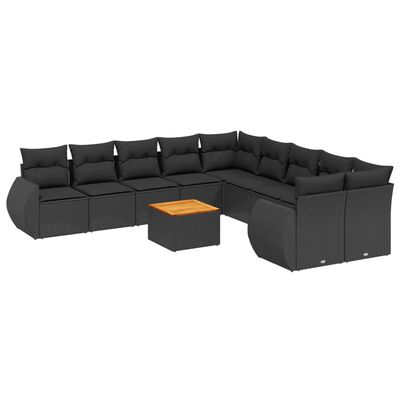 vidaXL 11-tlg. Garten-Sofagarnitur mit Kissen Schwarz Poly Rattan