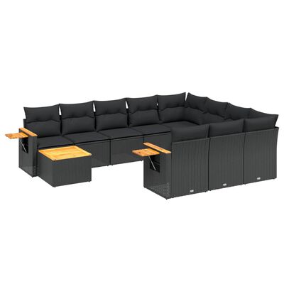 vidaXL 11-tlg. Garten-Sofagarnitur mit Kissen Schwarz Poly Rattan