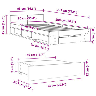 vidaXL Bettgestell mit Schublade Sonoma-Eiche 90x200 cm Holzwerkstoff