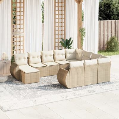 vidaXL 11-tlg. Garten-Sofagarnitur mit Kissen Beige Poly Rattan