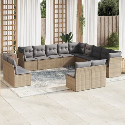 vidaXL 13-tlg. Garten-Sofagarnitur mit Kissen Beige Poly Rattan