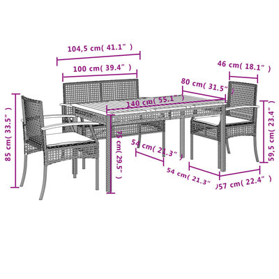 vidaXL 3-tlg. Garten-Essgruppe mit Kissen Schwarz Poly Rattan