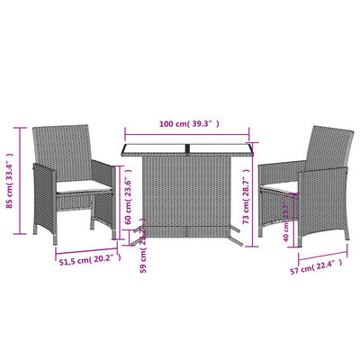 vidaXL 3-tlg. Bistro-Set mit Kissen Beige Poly Rattan