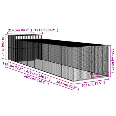 vidaXL Hundehütte mit Auslauf Hellgrau 214x865x181 cm Verzinkter Stahl