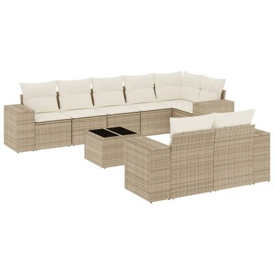 vidaXL 9-tlg. Garten-Sofagarnitur mit Kissen Beige Poly Rattan