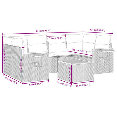 vidaXL 7-tlg. Garten-Sofagarnitur mit Kissen Schwarz Poly Rattan