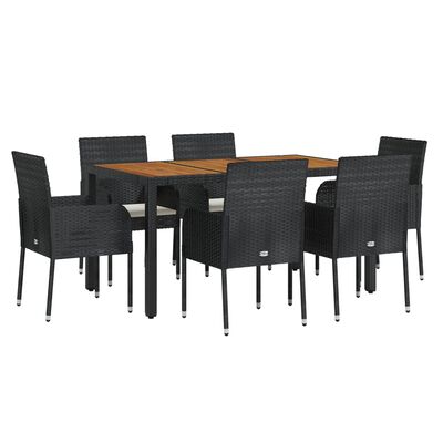 vidaXL 7-tlg. Garten-Essgruppe mit Kissen Schwarz Poly Rattan