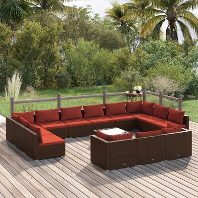 vidaXL 14-tlg. Garten-Lounge-Set mit Kissen Braun Poly Rattan