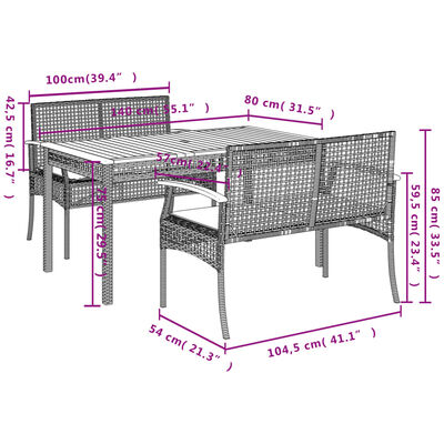 vidaXL 3-tlg. Garten-Essgruppe mit Kissen Schwarz Poly Rattan