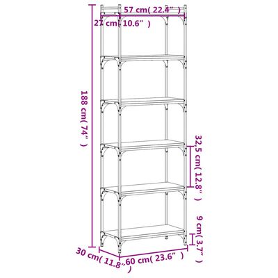 vidaXL Bücherregal 6 Böden Braun Eiche-Optik 60x30x188cm Holzwerkstoff