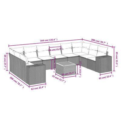 vidaXL 11-tlg. Garten-Sofagarnitur mit Kissen Grau Poly Rattan