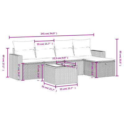 vidaXL 6-tlg. Garten-Sofagarnitur mit Kissen Schwarz Poly Rattan