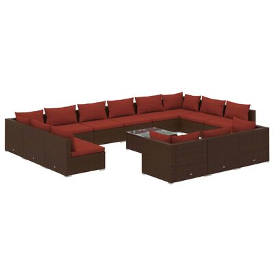 vidaXL 14-tlg. Garten-Lounge-Set mit Kissen Braun Poly Rattan