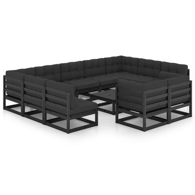 vidaXL 12-tlg. Garten-Lounge-Set mit Kissen Schwarz Massivholz Kiefer