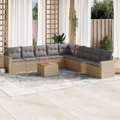 vidaXL 10-tlg. Garten-Sofagarnitur mit Kissen Beige Poly Rattan