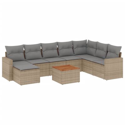 vidaXL 9-tlg. Garten-Sofagarnitur mit Kissen Beige Poly Rattan