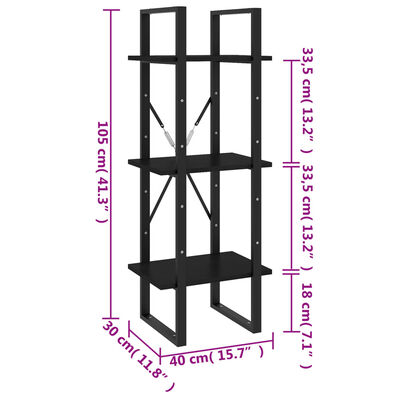 vidaXL Bücherregal 3 Böden Schwarz 40x30x105 cm Massivholz Kiefer