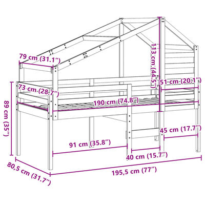 vidaXL Hochbett mit Dach 75x190 cm Massivholz Kiefer