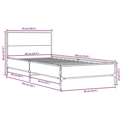 vidaXL Bettgestell Räuchereiche 90x190 cm Holzwerkstoff und Metall