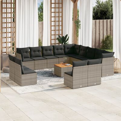 vidaXL 14-tlg. Garten-Sofagarnitur mit Kissen Grau Poly Rattan