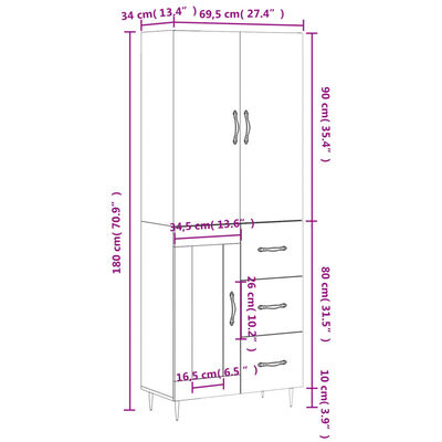 vidaXL Highboard Weiß 69,5x34x180 cm Holzwerkstoff