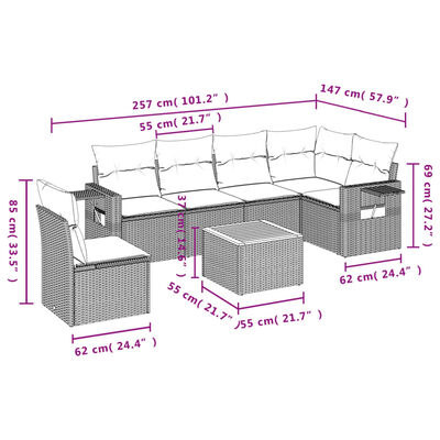 vidaXL 7-tlg. Garten-Sofagarnitur mit Kissen Grau Poly Rattan