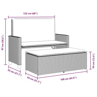 vidaXL Gartenbank mit Kissen und Hocker Braun Poly Rattan