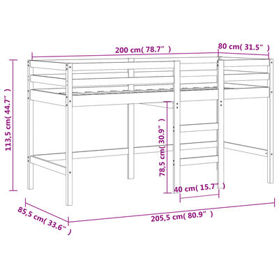 vidaXL Kinderhochbett mit Vorhängen Weiß und Schwarz Massivholz Kiefer