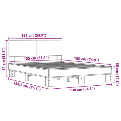 vidaXL Bettgestell Sonoma-Eiche 135x190 cm Holzwerkstoff und Metall