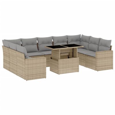 vidaXL 10-tlg. Garten-Sofagarnitur mit Kissen Beige Poly Rattan