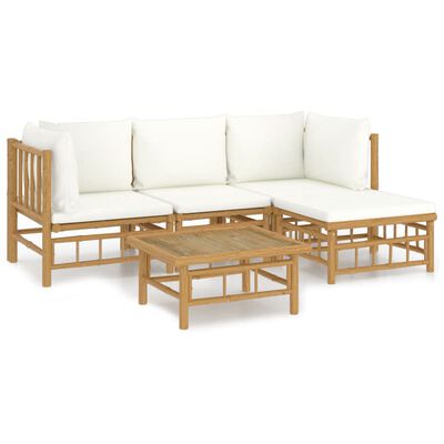 vidaXL 5-tlg. Garten-Lounge-Set mit Cremeweißen Kissen Bambus