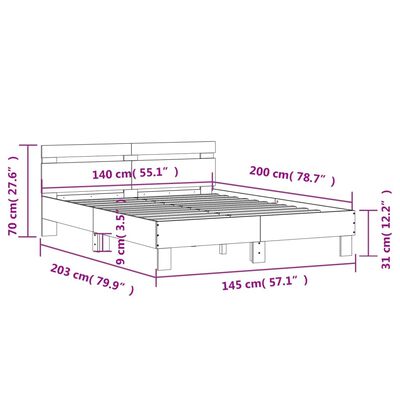 vidaXL Bettgestell mit Kopfteil Betongrau 140x200 cm Holzwerkstoff