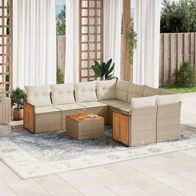 vidaXL 9-tlg. Garten-Sofagarnitur mit Kissen Beige Poly Rattan