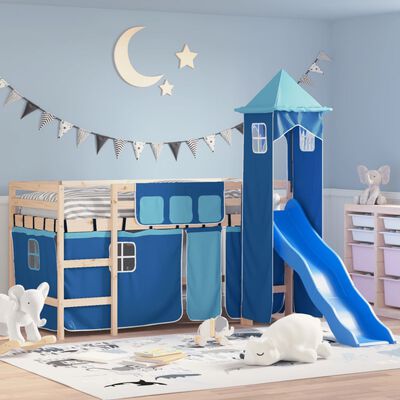 vidaXL Kinderhochbett mit Turm Blau 90x190 cm Massivholz Kiefer