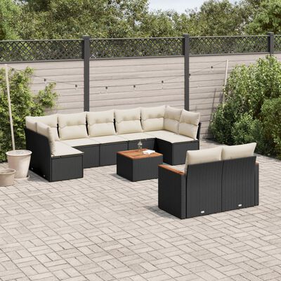 vidaXL 10-tlg. Garten-Sofagarnitur mit Kissen Schwarz Poly Rattan