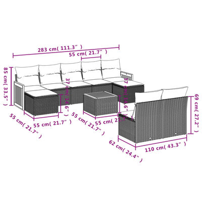 vidaXL 10-tlg. Garten-Sofagarnitur mit Kissen Grau Poly Rattan