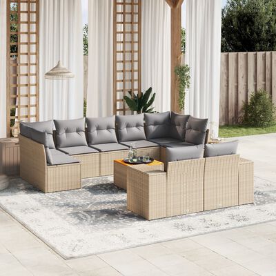 vidaXL 10-tlg. Garten-Sofagarnitur mit Kissen Beige Poly Rattan